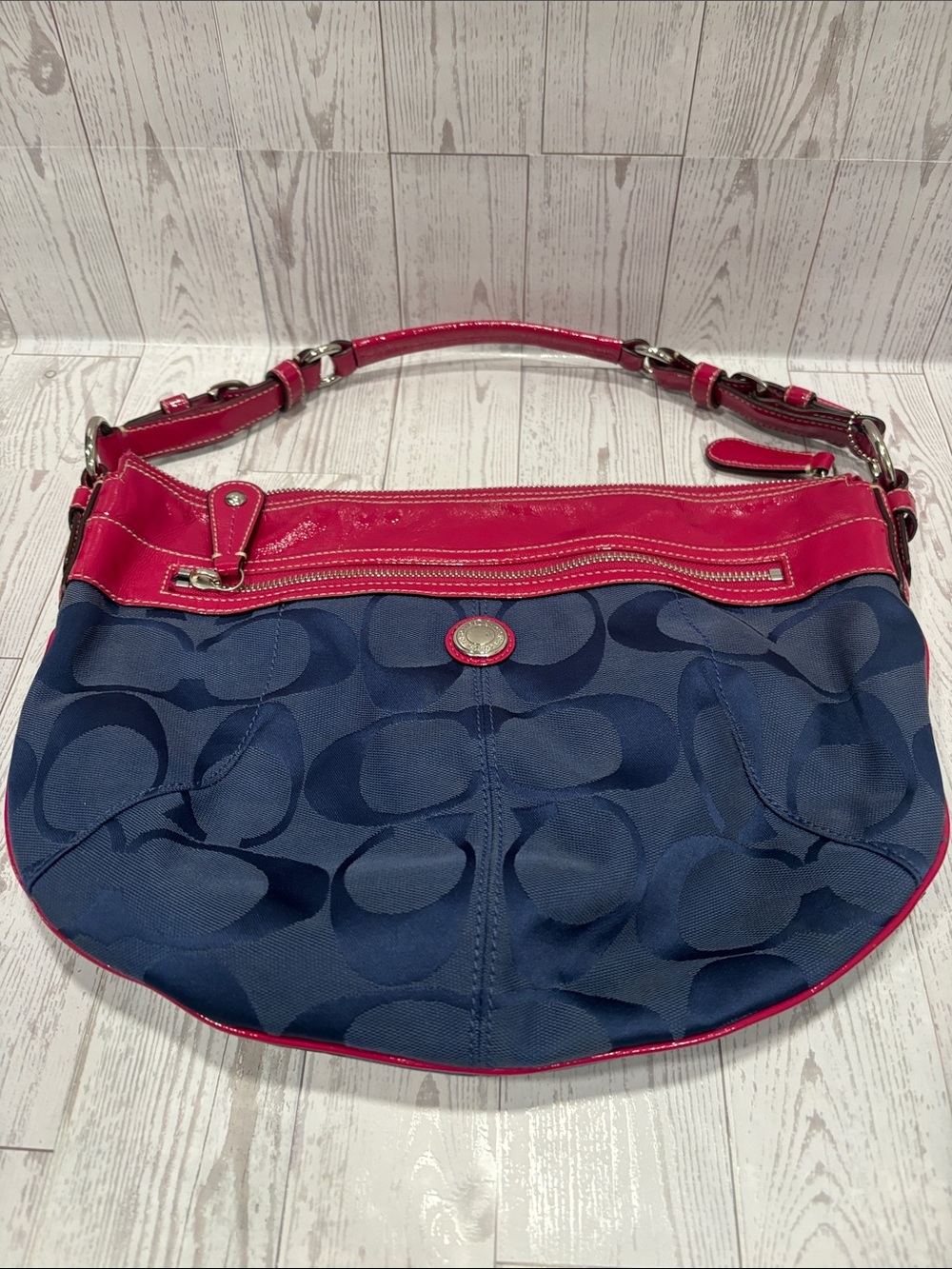 Coach Laura Signature Jacquard Hobo Bag Navy Signature Hobo with Fuchsia Trim